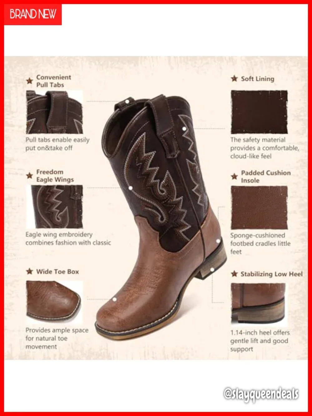 Boys Western Cowboy Boots Pull-On Square Toe Durable Kids